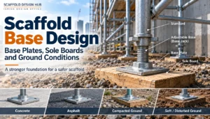 Scaffold base design showing base plate, adjustable base, sole board and different ground conditions