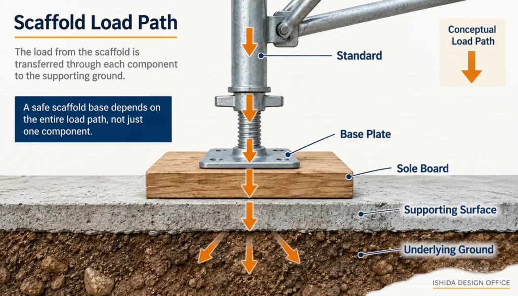 Scaffold load path from standard through base plate and sole board to the supporting ground