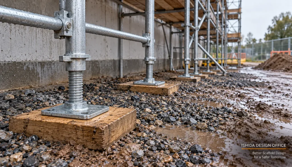 Scaffold base plates and sole boards on wet ground after rain