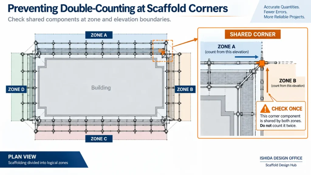 Scaffold plan divided into four zones with a shared corner highlighted to prevent double-counting components