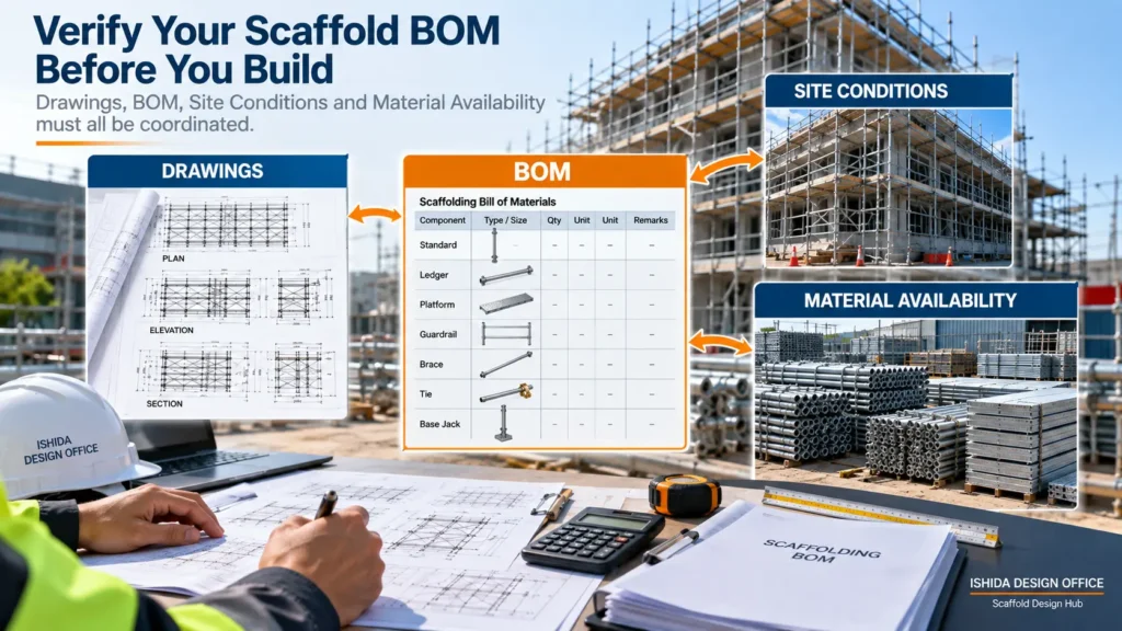 Scaffold BOM verification coordinating drawings, site conditions and material availability before construction