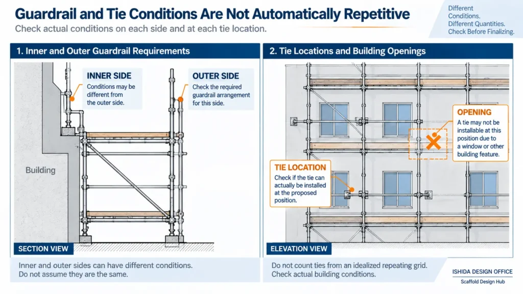 Scaffold section comparing inner and outer guardrail conditions with an elevation showing a tie location conflicting with a building opening