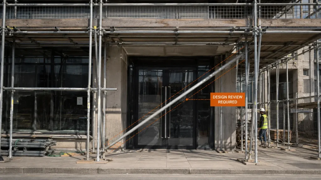 Diagonal scaffold brace crossing a building entrance and highlighted for design review.