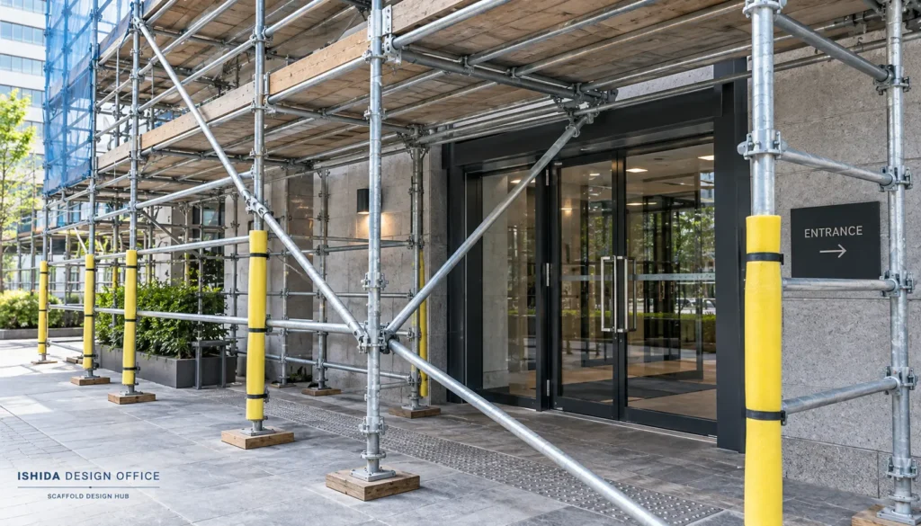 Scaffold bracing installed around a building entrance and access route.