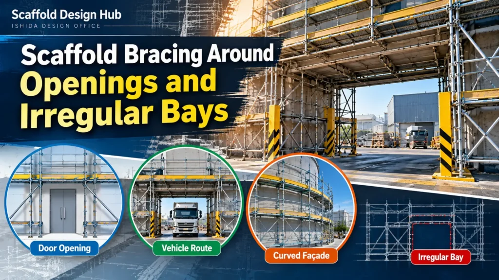 Scaffold bracing around door openings, vehicle routes, curved façades and irregular bays