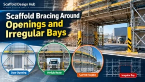 Scaffold bracing around door openings, vehicle routes, curved façades and irregular bays