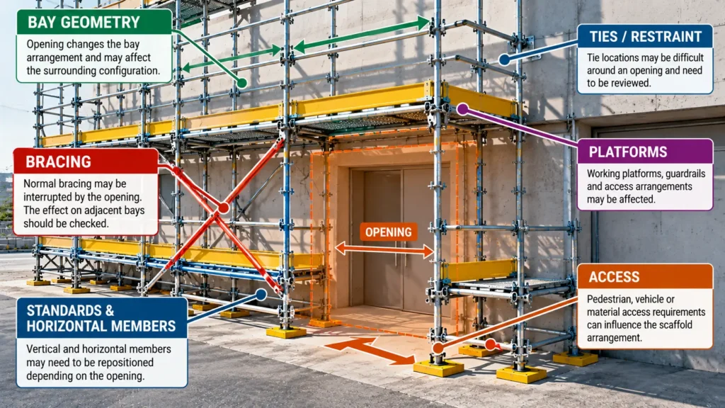 Axonometric scaffold model showing the relationship between bracing, bay geometry, ties, platforms and access around an opening.