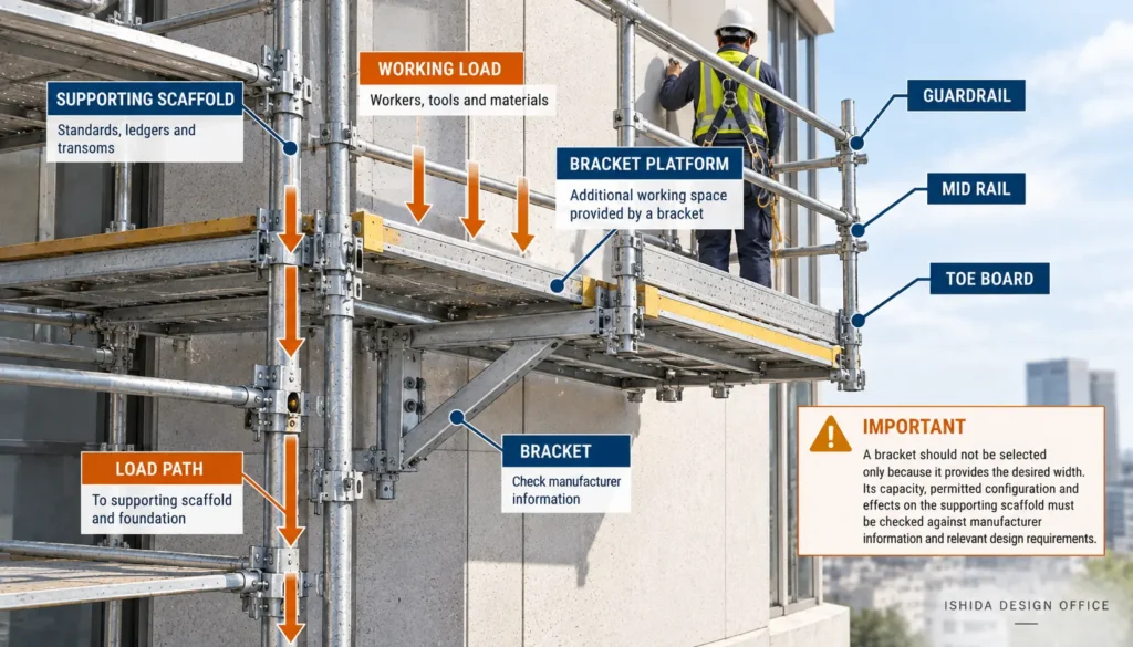 Scaffold bracket platform showing working load, bracket support and load path to the supporting scaffold