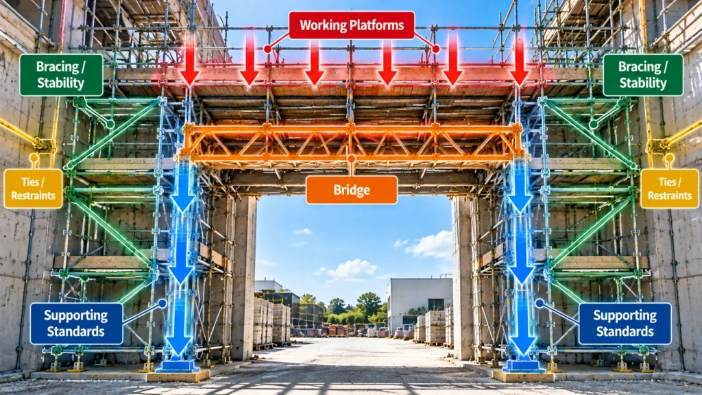 Scaffold bridging over an opening showing working platforms, bridge, supporting standards, bracing and ties for stability