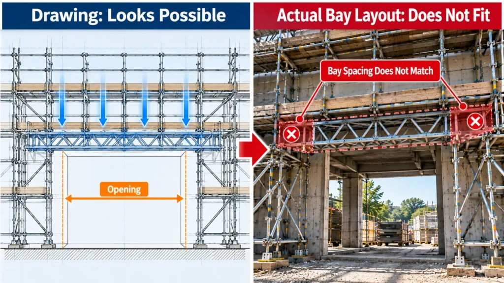 Scaffold bridging comparison showing a bridge that appears possible in the drawing but does not fit the actual bay layout