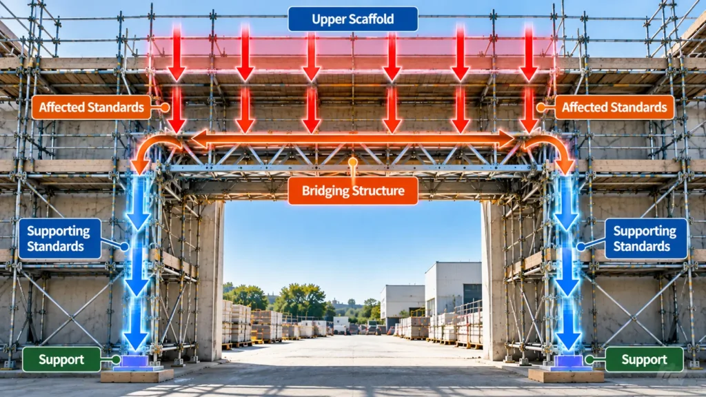Scaffold bridging load transfer from upper scaffold through bridging structure to supporting standards