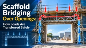 Scaffold bridging over an opening showing how loads are transferred to supporting standards