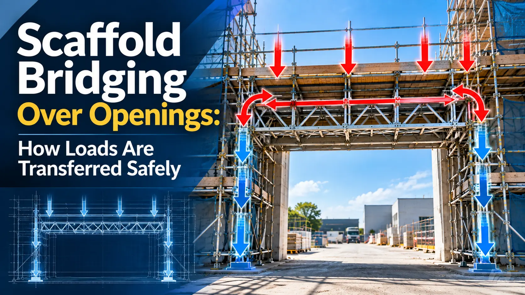 Scaffold bridging over an opening showing how loads are transferred to supporting standards