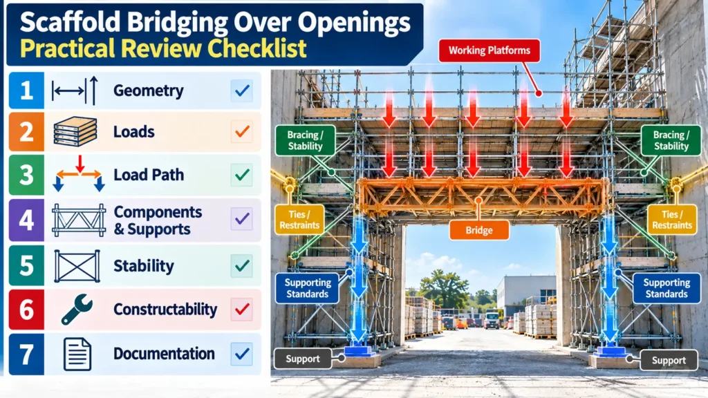 Scaffold bridging over openings review checklist covering geometry, loads, load path, supports, stability, constructability and documentation