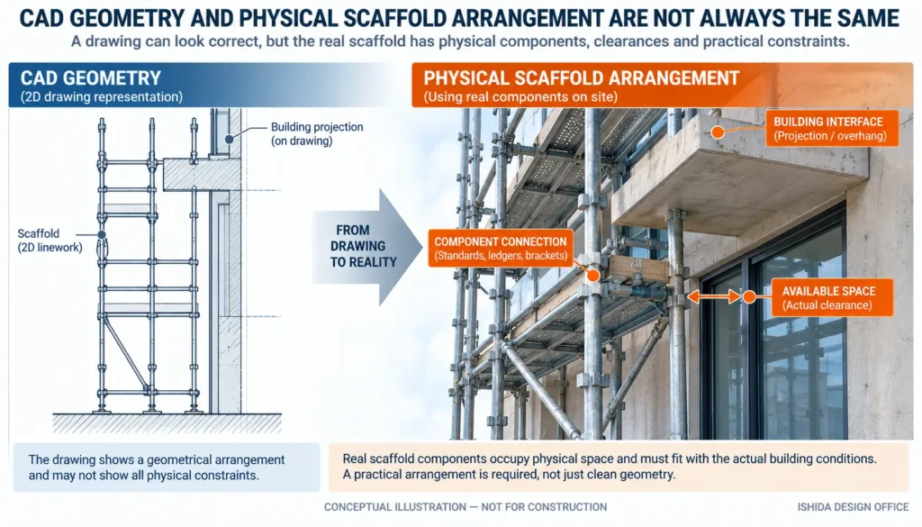 Comparison of scaffold CAD geometry and a physical scaffold arrangement showing component connections, building interfaces and available space.