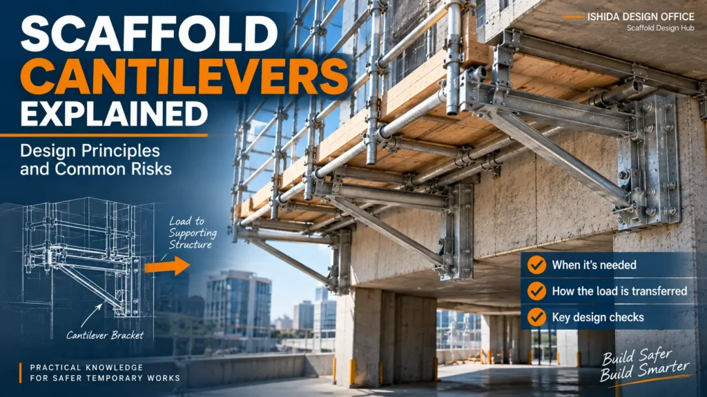 Cantilever scaffold design showing bracket support and load transfer to the supporting structure