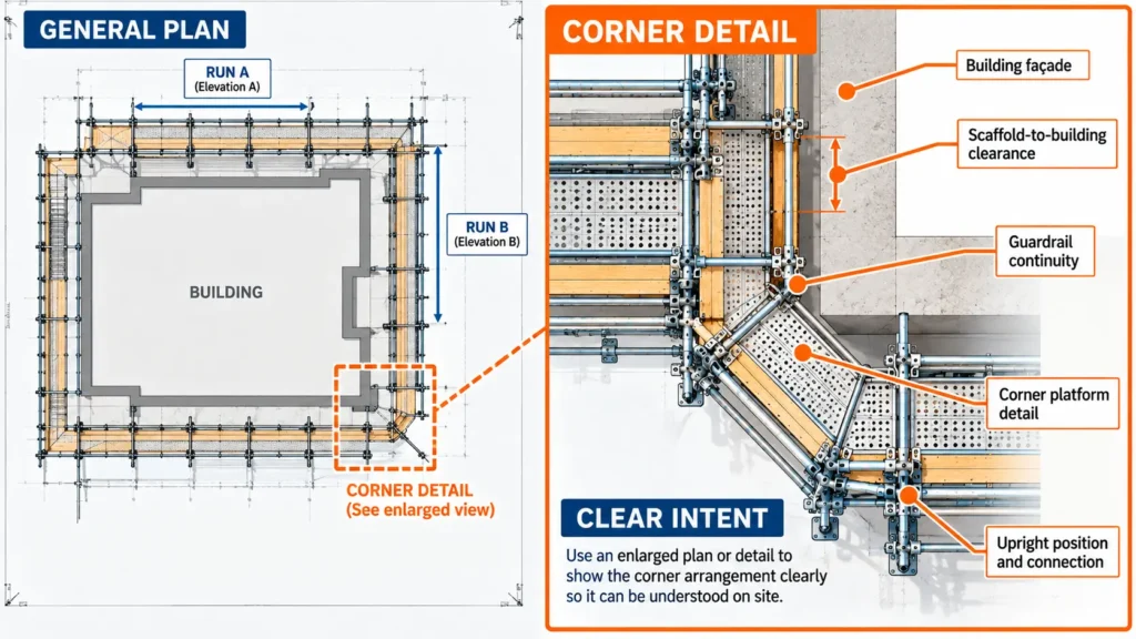 Technical scaffold plan with an enlarged building-corner detail showing how a special corner condition can be communicated clearly.