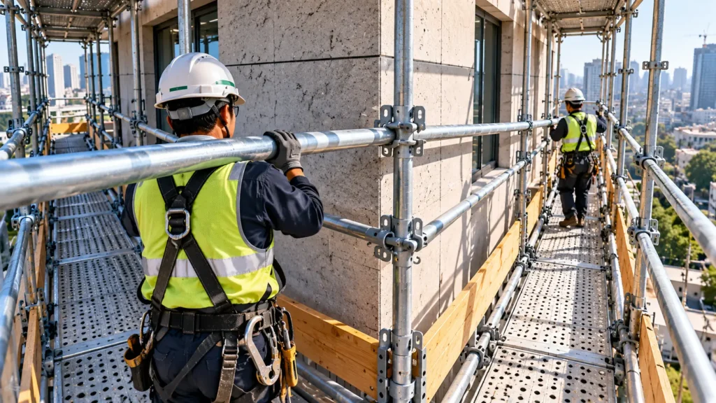 Construction worker carrying a long material around a scaffold working-platform corner.