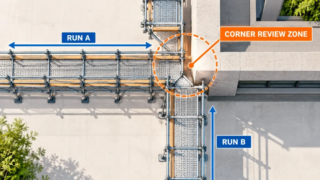 Plan-view illustration showing two scaffold runs meeting at a building corner and the corner review zone.