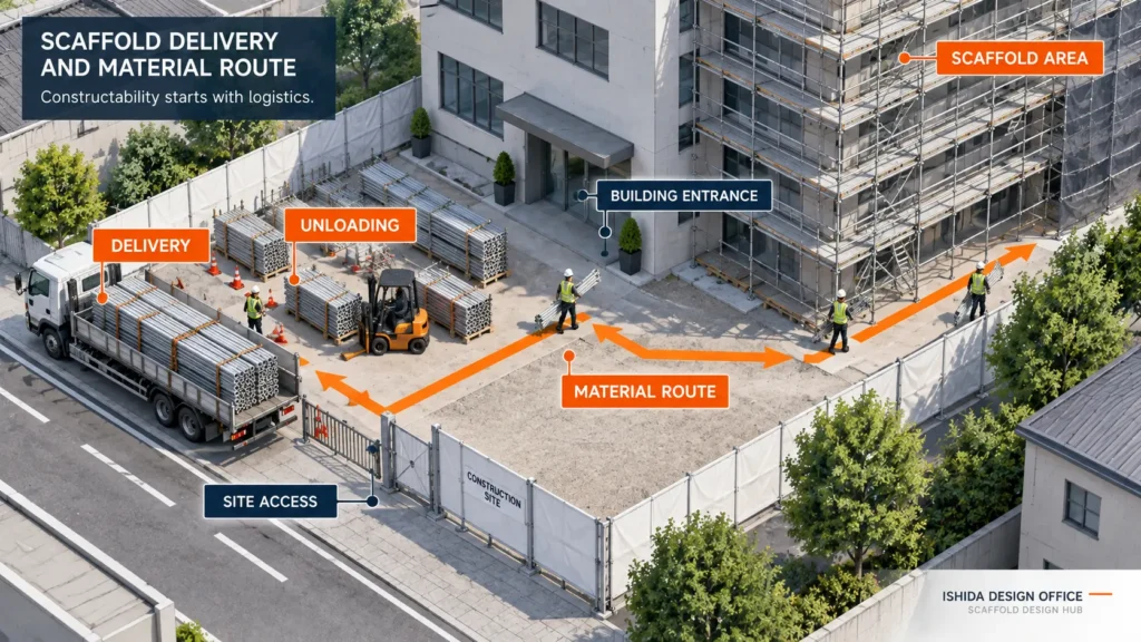 Scaffold delivery, unloading area and material route from site access to the scaffold area