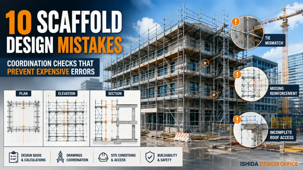 Scaffold design mistakes involving drawing coordination, ties, reinforcement and roof access on a multi-storey building