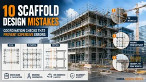Scaffold design mistakes involving drawing coordination, ties, reinforcement and roof access on a multi-storey building