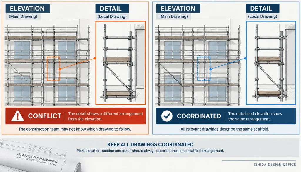 Comparison of conflicting and coordinated scaffold elevation and detail drawings