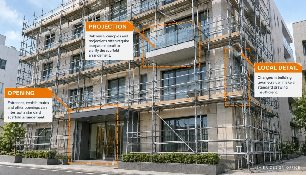 Scaffold showing openings, projections and local conditions that may require detail drawings