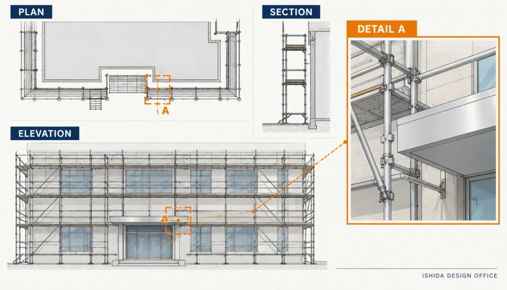 Scaffold detail drawing showing plan, elevation, section and enlarged Detail A