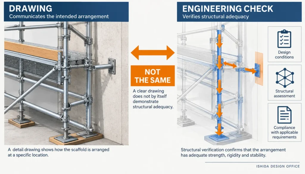 Scaffold detail drawing compared with structural verification for strength rigidity and stability