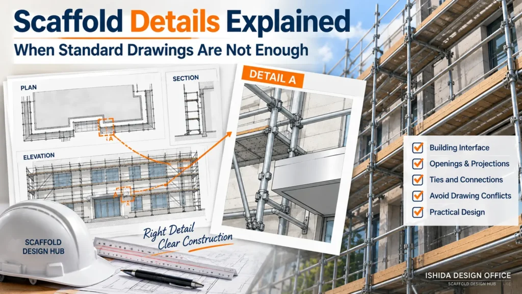 Scaffold detail drawings showing plan, elevation, section and an enlarged local detail for real building conditions