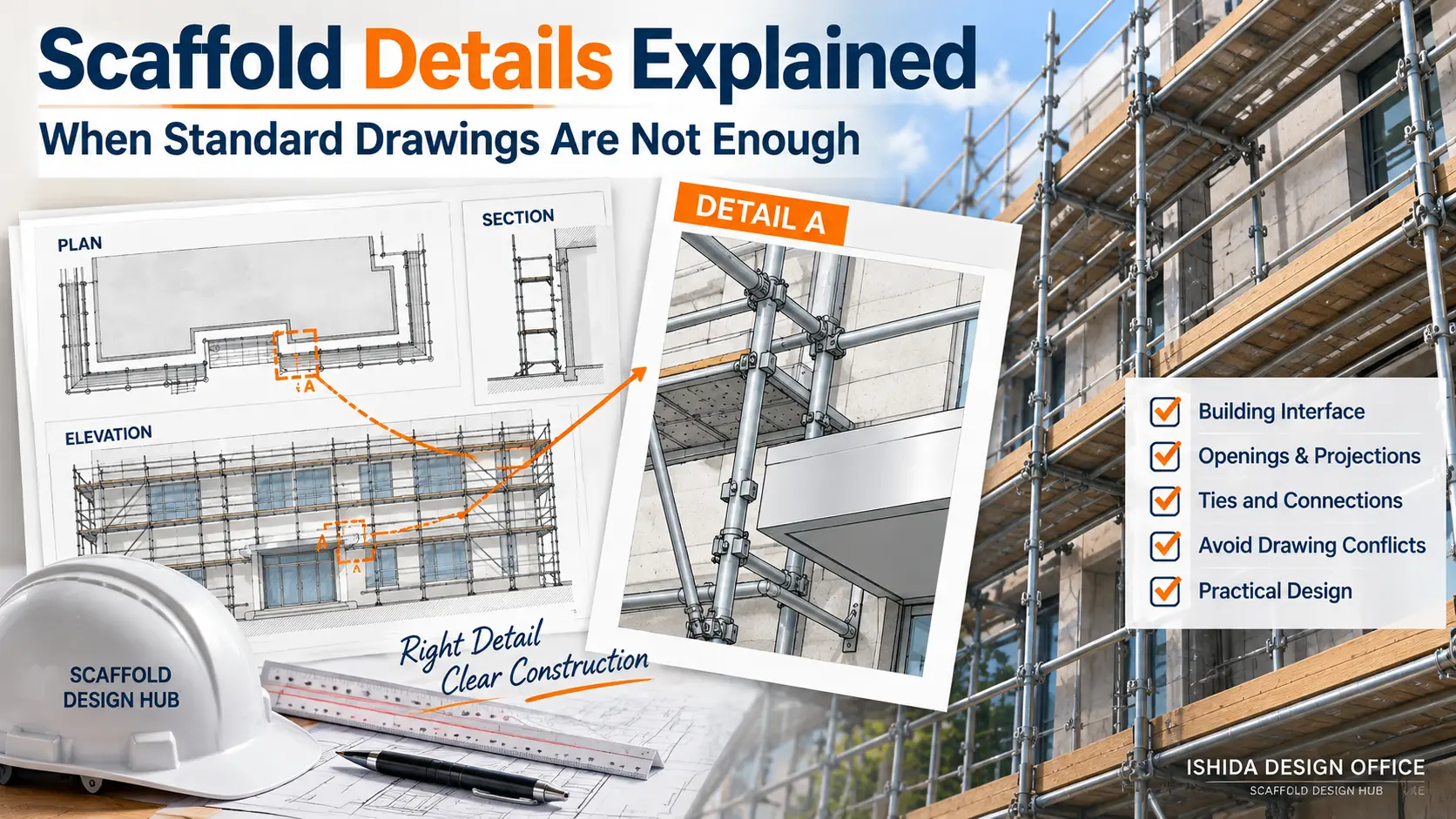 Scaffold detail drawings showing plan, elevation, section and an enlarged local detail for real building conditions