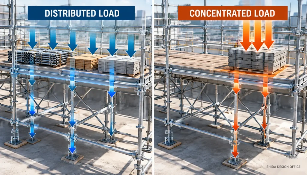 Distributed load vs concentrated load on scaffolding