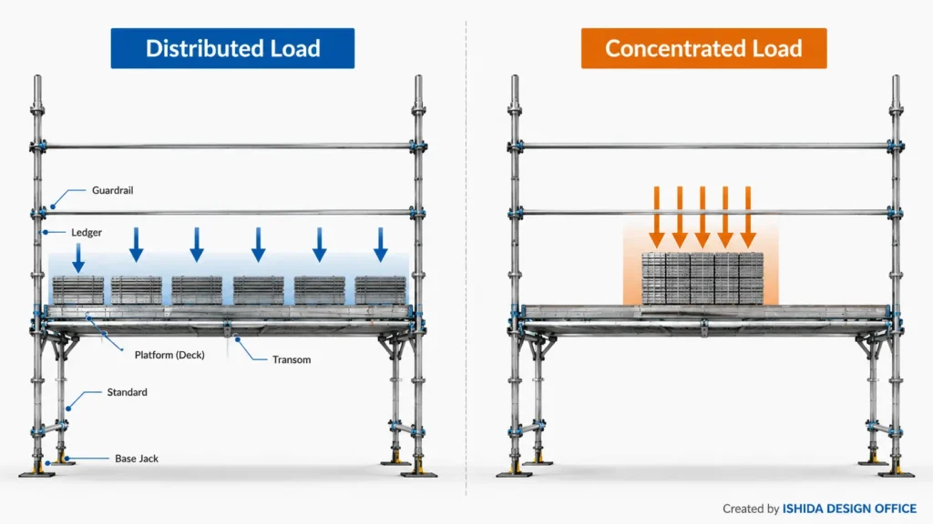Scaffold comparison showing materials distributed across a platform and materials concentrated in one area.