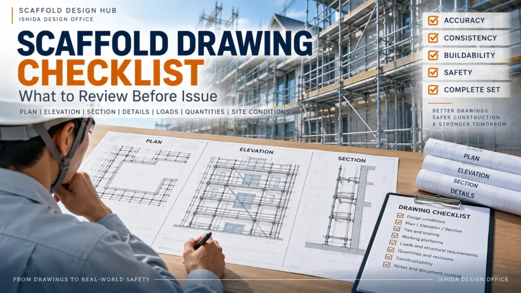 Scaffold drawing checklist showing plan elevation section and pre-issue review points