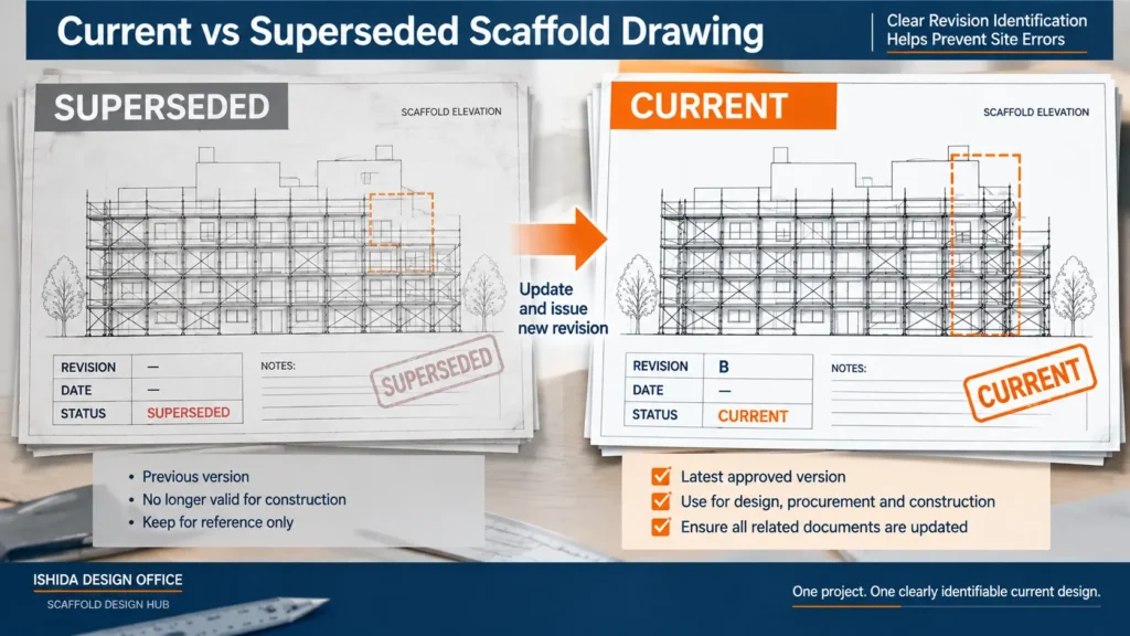 Current and superseded scaffold drawings showing clear revision identification