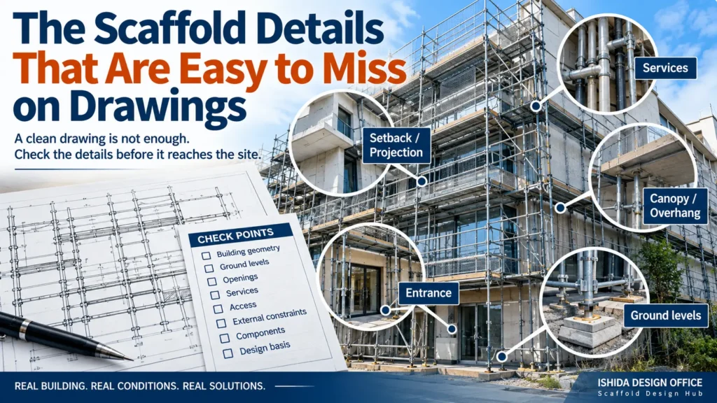 Scaffold drawing review highlighting easy-to-miss building setbacks, services, canopies, entrances and changing ground levels.