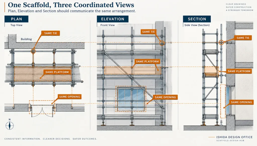Scaffold plan elevation and section drawings showing coordinated ties platforms and openings