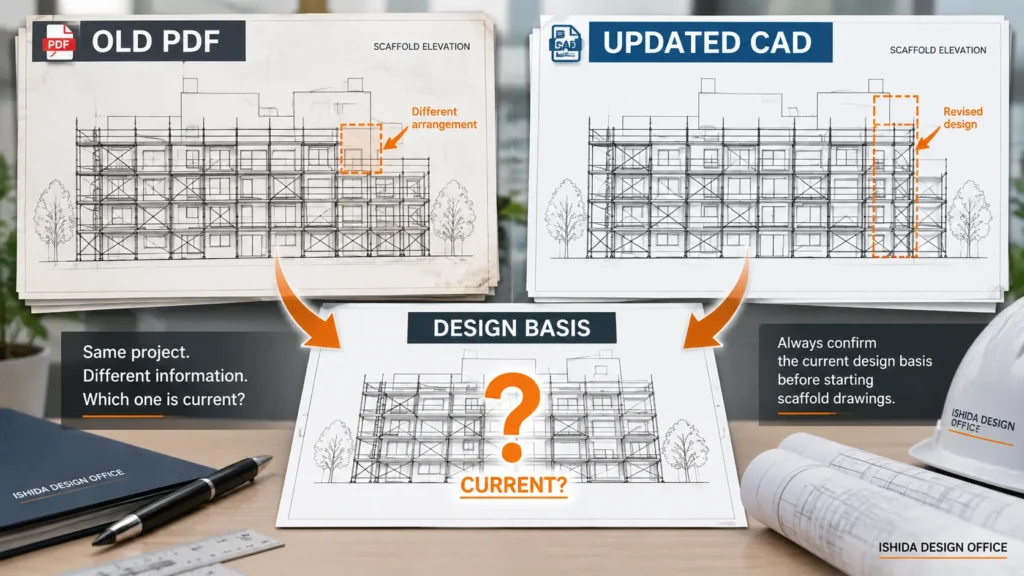 Old PDF and updated CAD scaffold drawings showing different design information
