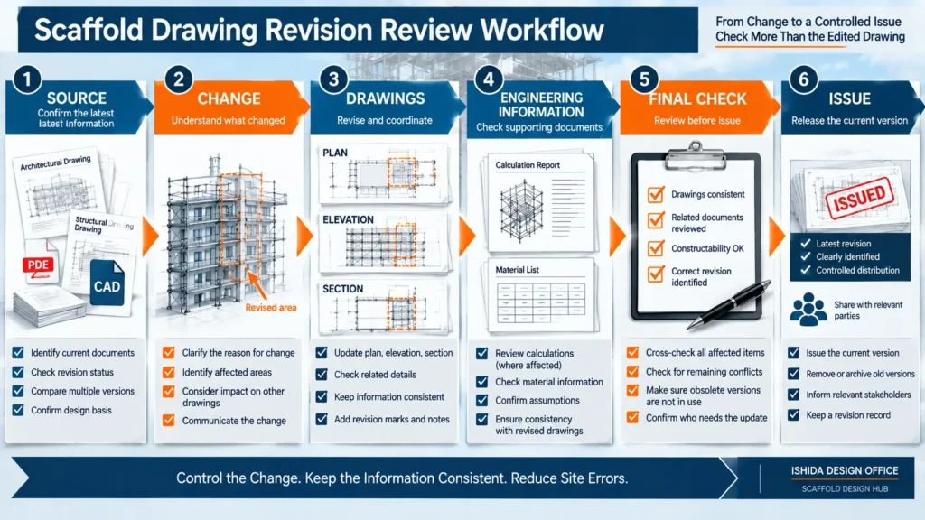 Scaffold drawing revision review workflow from source information to final issue