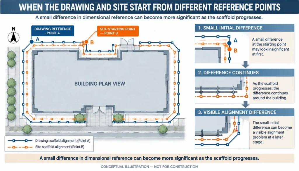 Plan-view scaffold diagram showing how different drawing and site reference points can lead to increasing alignment differences as the scaffold progresses.