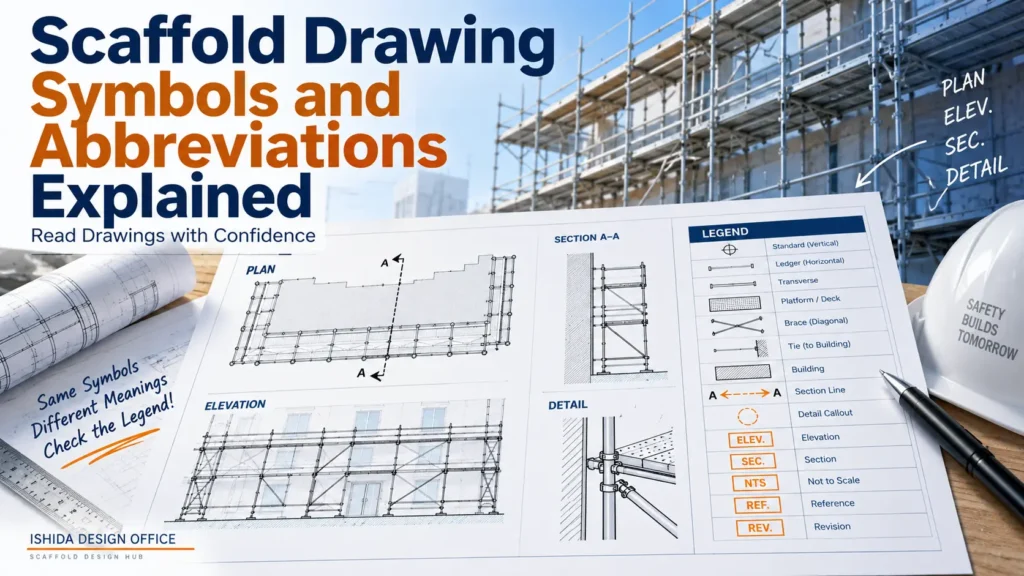 Scaffold drawing showing symbols, abbreviations, plan, elevation, section, detail and drawing legend