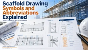 Scaffold drawing showing symbols, abbreviations, plan, elevation, section, detail and drawing legend