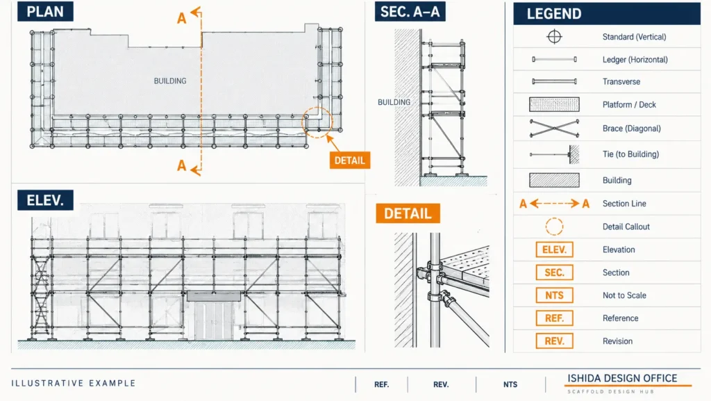 Scaffold drawing symbols and abbreviations with plan, elevation, section, detail and legend