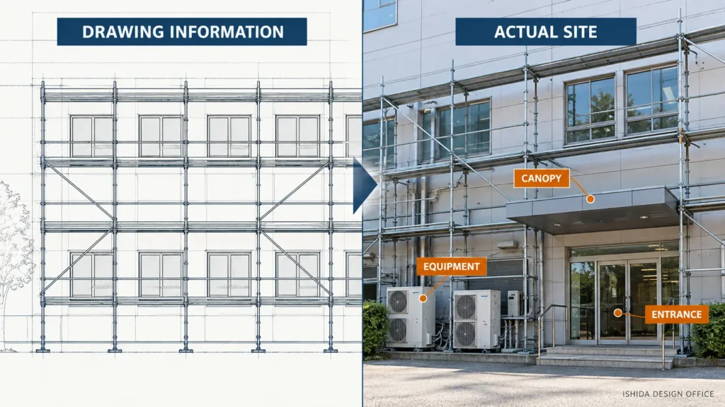 Scaffold drawing compared with actual site conditions showing a canopy, equipment and entrance