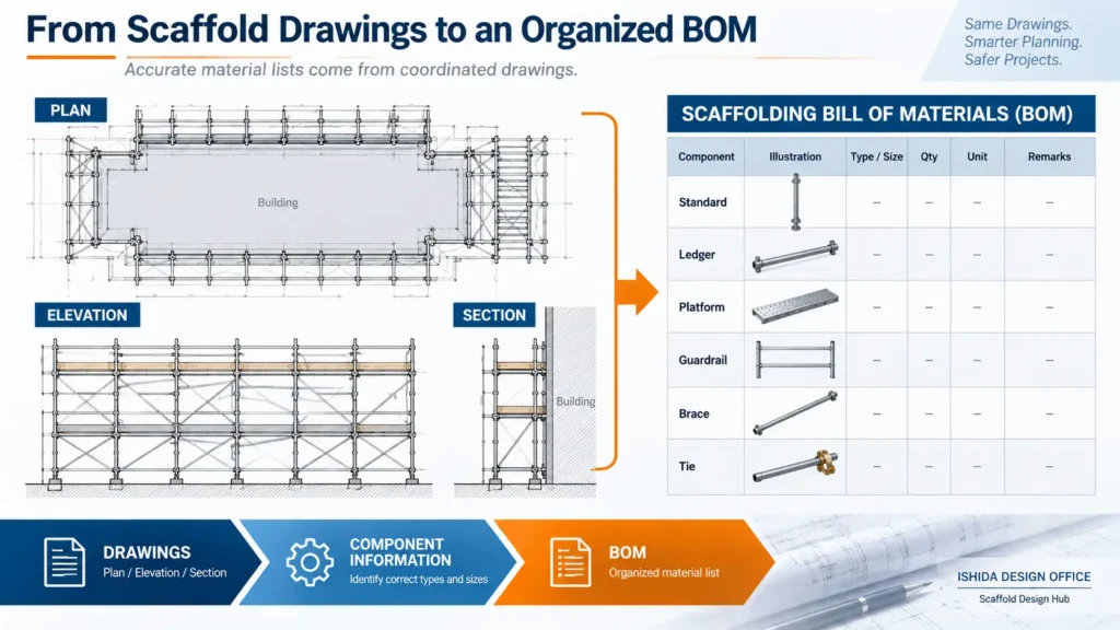 Scaffold plan, elevation and section drawings coordinated with an organized bill of materials