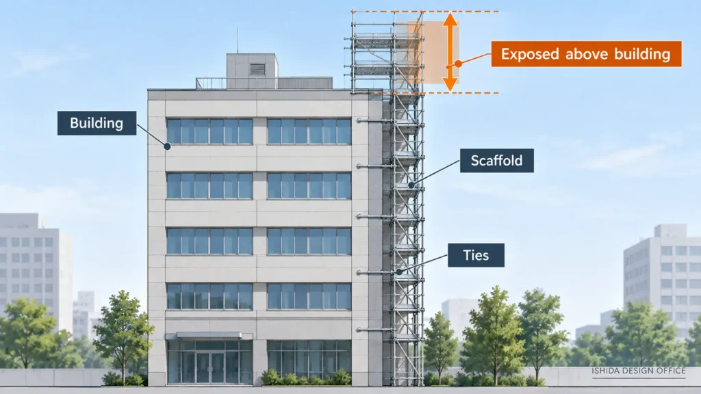 Scaffold extending above the building roof showing the exposed upper section and tie locations