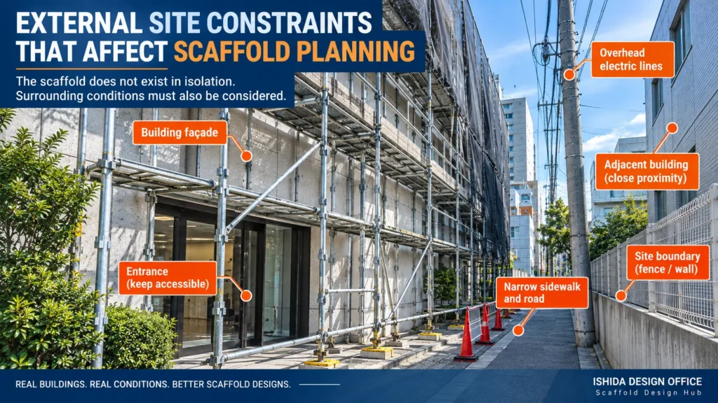 Scaffold beside a building showing external site constraints including overhead electric lines, an adjacent building, site boundary, narrow sidewalk and entrance.