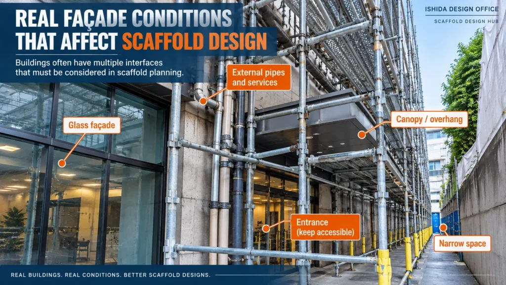 Scaffold around a building façade showing external pipes, glass, a canopy, an entrance and narrow working space.