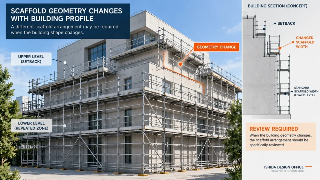 Scaffold geometry changes around a building setback requiring constructability review